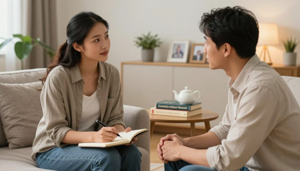 A serene indoor setting showing a couple supporting each other during a treatment session. In the foreground, a man and a woman sit together on a cozy couch, engaging in a heartfelt conversation. The woman, wearing modest casual clothing, holds a notebook and pen, taking notes as the man shares his thoughts with a gentle expression. In the middle, a comforting atmosphere is created with soft, ambient lighting, a warm color palette, and soothing decor like plants and framed photos that symbolize their journey. In the background, a small coffee table holds a few therapy books and a teapot, emphasizing their commitment to understanding bipolar disorder. The overall mood is one of compassion, encouragement, and dedication to emotional support. A serene indoor setting showing a couple supporting each other during a treatment session. In the foreground, a man and a woman sit together on a cozy couch, engaging in a heartfelt conversation. The woman, wearing modest casual clothing, holds a notebook and pen, taking notes as the man shares his thoughts with a gentle expression. In the middle, a comforting atmosphere is created with soft, ambient lighting, a warm color palette, and soothing decor like plants and framed photos that symbolize their journey. In the background, a small coffee table holds a few therapy books and a teapot, emphasizing their commitment to understanding bipolar disorder. The overall mood is one of compassion, encouragement, and dedication to emotional support.