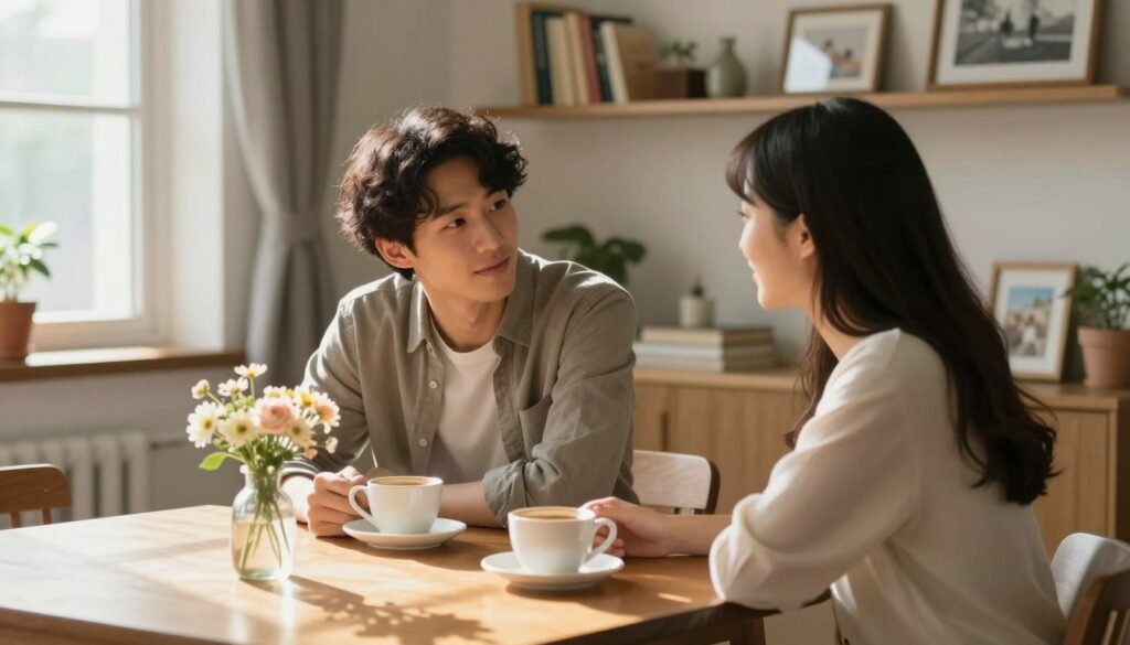 A serene indoor setting where a couple sits across from each other at a cozy table, engaged in a deep conversation. The foreground features a warm, inviting table decorated with a small vase of flowers and two cups of coffee. In the middle, the couple, a man and a woman dressed in modest, casual clothing, are leaning forward slightly, showing their interest and connection. The lighting is soft and natural, streaming in through a nearby window, casting gentle shadows that create an intimate atmosphere. In the background, there are cozy elements like shelves filled with books and framed pictures, suggesting a shared life and history. The mood is hopeful and comforting, symbolizing the rekindling of communication in a relationship. A serene indoor setting where a couple sits across from each other at a cozy table, engaged in a deep conversation. The foreground features a warm, inviting table decorated with a small vase of flowers and two cups of coffee. In the middle, the couple, a man and a woman dressed in modest, casual clothing, are leaning forward slightly, showing their interest and connection. The lighting is soft and natural, streaming in through a nearby window, casting gentle shadows that create an intimate atmosphere. In the background, there are cozy elements like shelves filled with books and framed pictures, suggesting a shared life and history. The mood is hopeful and comforting, symbolizing the rekindling of communication in a relationship.