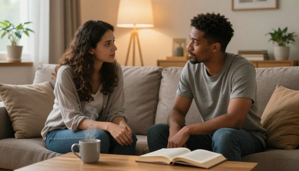 A serene, intimate scene of two adults engaged in a heartfelt conversation in a cozy, softly lit living room. In the foreground, a diverse couple sits on a plush sofa, both in modest casual clothing, leaning slightly towards each other with attentive expressions, creating a sense of connection and trust. The middle ground features a warm, inviting ambiance, with a small coffee table holding a steaming mug and a few open books, symbolizing openness and communication. In the background, gentle lighting from a window casts a soft glow, with plants and personal touches adding to the warmth of the space. The overall mood is calm, supportive, and intimate, emphasizing the significance of communication in building trust and closeness. A serene, intimate scene of two adults engaged in a heartfelt conversation in a cozy, softly lit living room. In the foreground, a diverse couple sits on a plush sofa, both in modest casual clothing, leaning slightly towards each other with attentive expressions, creating a sense of connection and trust. The middle ground features a warm, inviting ambiance, with a small coffee table holding a steaming mug and a few open books, symbolizing openness and communication. In the background, gentle lighting from a window casts a soft glow, with plants and personal touches adding to the warmth of the space. The overall mood is calm, supportive, and intimate, emphasizing the significance of communication in building trust and closeness.