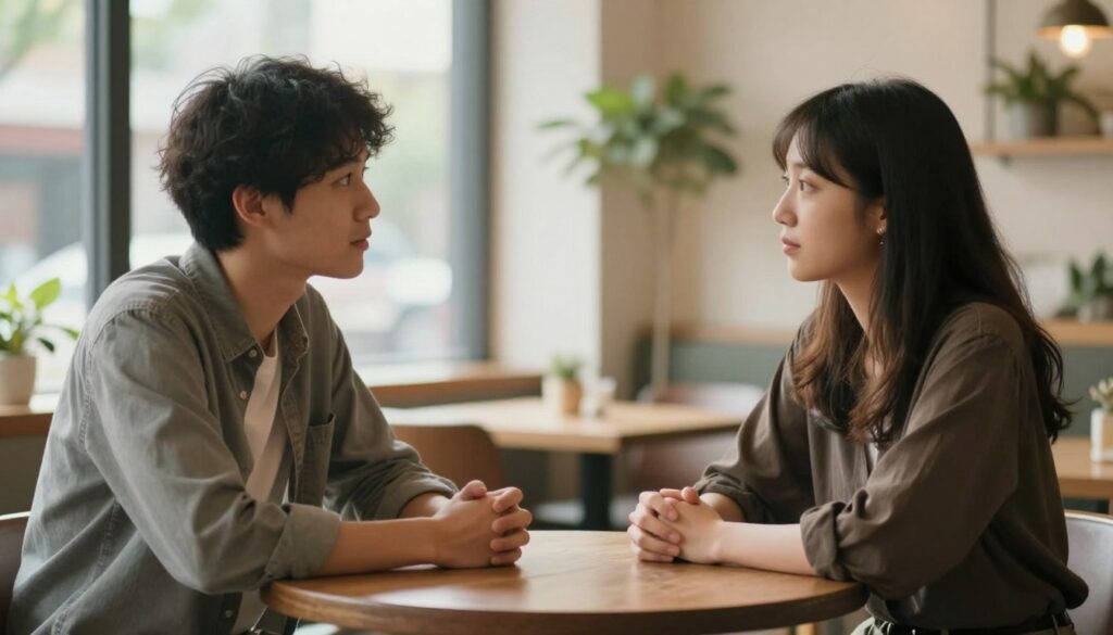 A serene, intimate setting featuring two people engaged in a deep, honest conversation. In the foreground, a bisexual man and a woman sit across from each other at a cozy café table, both dressed in smart casual attire. Their expressions are sincere and attentive, conveying trust and openness. In the middle ground, soft natural light streams through large windows, illuminating the scene with a warm glow, enhancing the sense of connection. The background shows blurred elements of the café, like greenery and subtle furniture, creating an inviting atmosphere. The mood is calm and reflective, highlighting the importance of honesty in building lasting relationships. The composition is framed with a shallow depth of field, focusing on the connection between the two individuals.