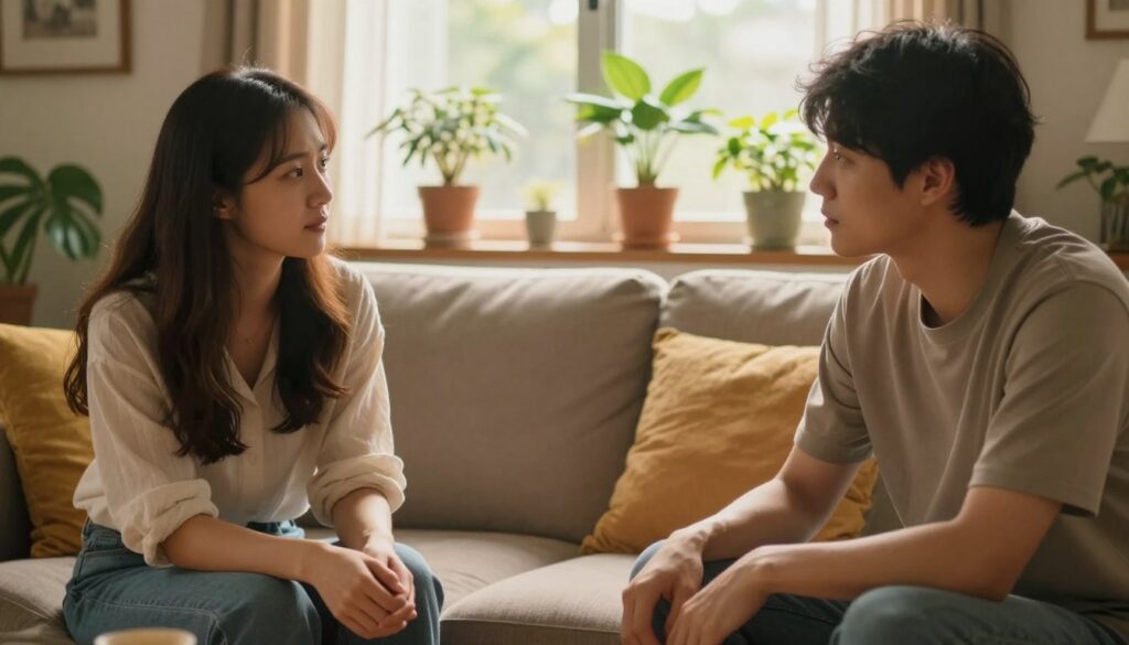 A serene, introspective setting depicting two individuals sitting together in a cozy living room, showcasing a new relationship after a long previous commitment. In the foreground, a young woman and man are engaged in a deep conversation, both dressed in modest casual attire, exuding warmth and vulnerability. The middle ground features a soft, inviting couch with colorful cushions, surrounded by potted plants that symbolize growth. In the background, a window lets in gentle, warm sunlight, casting a golden hue throughout the room, creating a peaceful atmosphere. The mood is reflective yet hopeful, capturing the essence of new beginnings while hinting at the challenges of moving past old pains. Use a shallow depth of field to emphasize the connection between the two individuals.