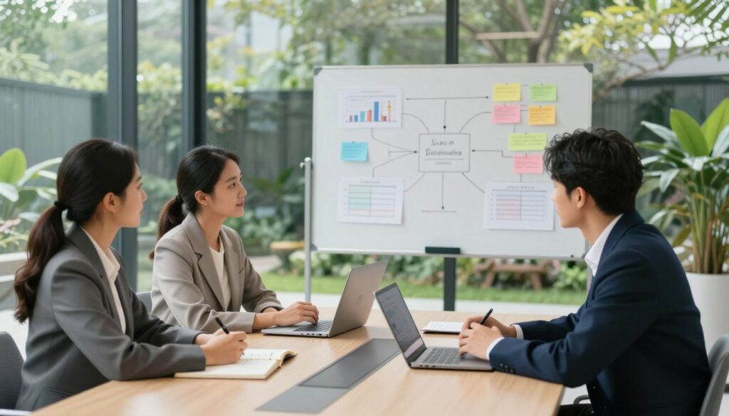 A serene meeting room setting with a glass wall overlooking a tranquil garden, symbolizing clarity and focus. In the foreground, a diverse group of three professionals, two women and one man, are engaged in a thoughtful discussion, dressed in smart business attire. They are seated around a modern conference table with notebooks and digital devices. In the middle ground, a whiteboard filled with colorful diagrams and notes represents decision-making frameworks. The background features soft natural light pouring in, enhancing a calm and inspiring atmosphere. The composition conveys a sense of empowerment and collaboration with a motivational and uplifting mood, ideal for illustrating effective strategies to regain influence over decisions in personal relationships. A serene meeting room setting with a glass wall overlooking a tranquil garden, symbolizing clarity and focus. In the foreground, a diverse group of three professionals, two women and one man, are engaged in a thoughtful discussion, dressed in smart business attire. They are seated around a modern conference table with notebooks and digital devices. In the middle ground, a whiteboard filled with colorful diagrams and notes represents decision-making frameworks. The background features soft natural light pouring in, enhancing a calm and inspiring atmosphere. The composition conveys a sense of empowerment and collaboration with a motivational and uplifting mood, ideal for illustrating effective strategies to regain influence over decisions in personal relationships.
