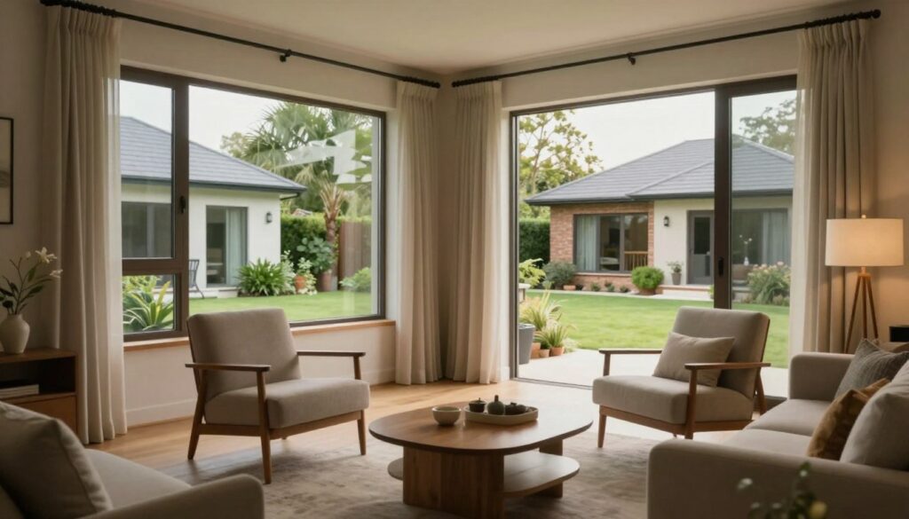 A serene, modern living space illustrating the concept of separate homes in a relationship. In the foreground, a cozy, tastefully decorated room with a small coffee table and two comfortable chairs facing each other, inviting a sense of intimacy. The middle section features large windows allowing natural light to flood the room, revealing a well-maintained garden outside, symbolizing growth and connection. In the background, two distinct home exteriors with different architectural styles, emphasizing individuality while maintaining proximity. Soft, warm lighting creates a welcoming atmosphere, while the use of a wide-angle lens emphasizes the spaciousness and openness of the environment. The overall mood is peaceful and reflective, capturing the essence of love flourishing even in separate residences. A serene, modern living space illustrating the concept of separate homes in a relationship. In the foreground, a cozy, tastefully decorated room with a small coffee table and two comfortable chairs facing each other, inviting a sense of intimacy. The middle section features large windows allowing natural light to flood the room, revealing a well-maintained garden outside, symbolizing growth and connection. In the background, two distinct home exteriors with different architectural styles, emphasizing individuality while maintaining proximity. Soft, warm lighting creates a welcoming atmosphere, while the use of a wide-angle lens emphasizes the spaciousness and openness of the environment. The overall mood is peaceful and reflective, capturing the essence of love flourishing even in separate residences.