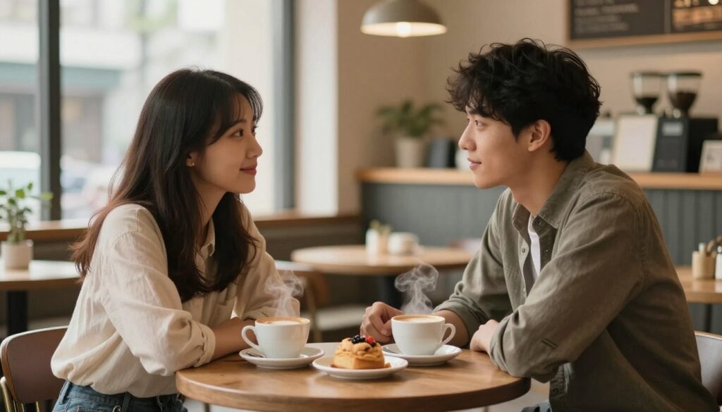 A serene moment illustrating the concept of building closeness between two individuals. In the foreground, a couple sitting across from each other at a cozy café table, engaged in a heartfelt conversation, both wearing modest, casual clothing. The middle ground showcases warm, inviting details like steaming cups of coffee and soft pastries, enhancing the intimate atmosphere. In the background, soft-focus elements of the café, with gentle lighting and warm tones, create a relaxed and comfortable mood. The scene should evoke feelings of connection and understanding, captured with a medium lens, slightly above eye level to emphasize the emotional connection between the two figures, incorporating natural light filtering through large windows for a cozy effect.