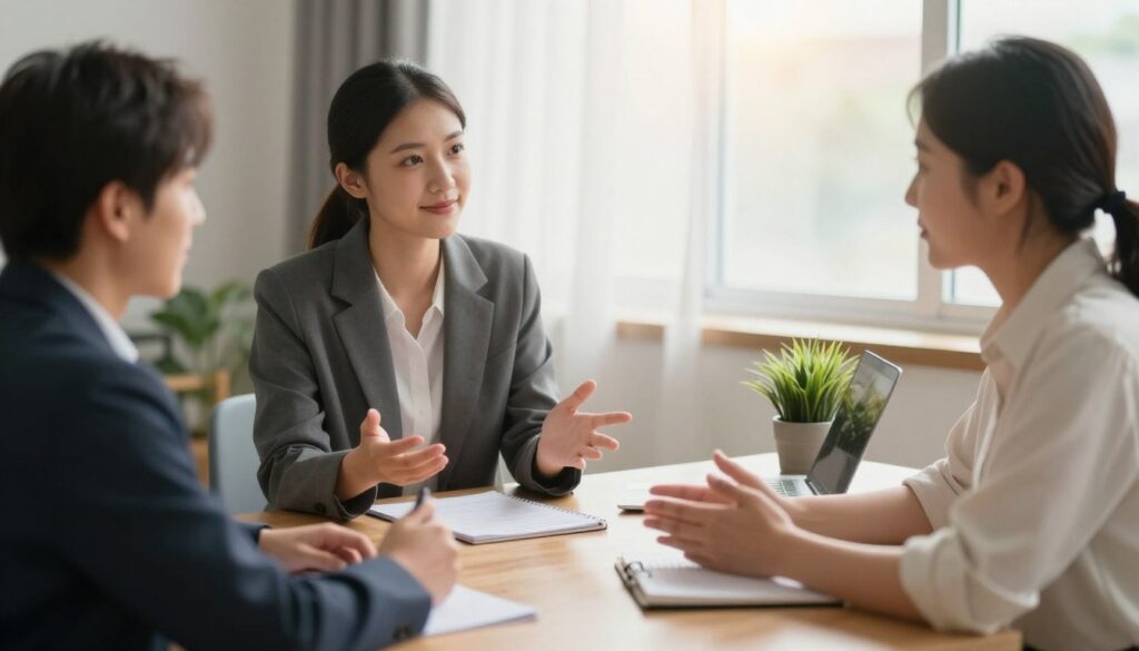 A serene office environment captures the essence of trust-building and setting healthy boundaries. In the foreground, two people, a man and a woman, are engaged in a focused discussion, both dressed in professional business attire, showcasing open body language and genuine expressions. The middle layer features a wooden desk adorned with a small plant and a notebook, symbolizing growth and communication. The background showcases a soft, sunlit window with curtains gently swaying, creating a warm and inviting atmosphere. The lighting is soft and natural, highlighting the subjects’ faces and emphasizing the mood of collaboration and understanding. The overall scene embodies a sense of calm, positivity, and mutual respect, essential for nurturing trust in relationships. A serene office environment captures the essence of trust-building and setting healthy boundaries. In the foreground, two people, a man and a woman, are engaged in a focused discussion, both dressed in professional business attire, showcasing open body language and genuine expressions. The middle layer features a wooden desk adorned with a small plant and a notebook, symbolizing growth and communication. The background showcases a soft, sunlit window with curtains gently swaying, creating a warm and inviting atmosphere. The lighting is soft and natural, highlighting the subjects’ faces and emphasizing the mood of collaboration and understanding. The overall scene embodies a sense of calm, positivity, and mutual respect, essential for nurturing trust in relationships.