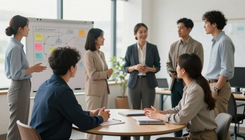 A serene office environment showcasing a diverse group of professionals engaging in a respectful dialogue. In the foreground, two individuals, one male and one female, are seated at a round table, both dressed in professional business attire, listening intently to each other. Their body language is open and collaborative. In the middle ground, a whiteboard filled with colorful diagrams and notes symbolizes strategic planning and teamwork, while other colleagues stand nearby, exchanging encouraging glances. The background features large windows allowing soft natural light to flood the room, creating a warm and inviting atmosphere. The overall mood of the image is one of empowerment and positivity, emphasizing the importance of rebuilding respect in relationships through open communication and cooperation.
