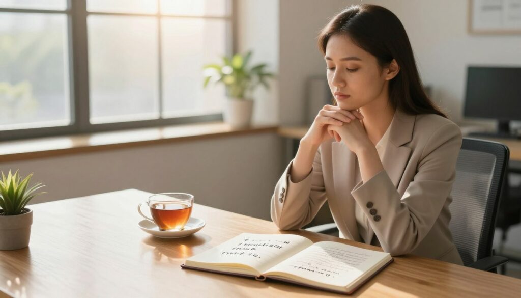 A serene office setting designed to symbolize rebuilding trust after betrayal. In the foreground, a professional woman in modest business attire sits with a thoughtful expression, holding a cup of tea, symbolizing reflection and patience. The middle ground features a wooden table with two open notebooks, one displaying positive affirmations about trust, while the other shows plans for a relationship's recovery. In the background, soft, warm sunlight streams through large windows, illuminating the room and creating a hopeful atmosphere. A potted plant adds a touch of life to the scene. The overall mood is calm, introspective, and optimistic, inviting viewers to consider the possibility of rebuilding trust.