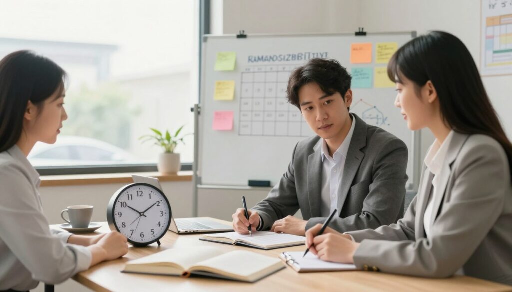 A serene office space set up for collaboration, featuring a modern table surrounded by two individuals dressed in professional business attire, a man and a woman, engaged in a focused discussion about time management. In the foreground, an open planner and a digital clock emphasize the theme of time management. The middle ground displays a whiteboard with colorful notes and diagrams illustrating shared responsibilities and a calendar marked with important dates. The background reveals a sunny window with soft natural light flooding the room, creating a warm, inviting atmosphere that encourages cooperation. The overall mood is productive and harmonious, reflecting the importance of managing shared time and obligations in a relationship. A serene office space set up for collaboration, featuring a modern table surrounded by two individuals dressed in professional business attire, a man and a woman, engaged in a focused discussion about time management. In the foreground, an open planner and a digital clock emphasize the theme of time management. The middle ground displays a whiteboard with colorful notes and diagrams illustrating shared responsibilities and a calendar marked with important dates. The background reveals a sunny window with soft natural light flooding the room, creating a warm, inviting atmosphere that encourages cooperation. The overall mood is productive and harmonious, reflecting the importance of managing shared time and obligations in a relationship.