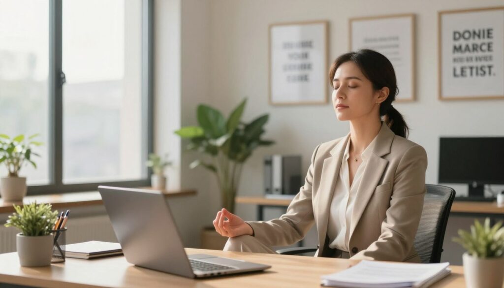 A serene office space with a warm, soft glow, illuminated by natural light streaming through a large window. In the foreground, a woman in professional business attire sits calmly at a desk, practicing mindfulness, her posture relaxed and focused. Her expression reflects a sense of empowerment and self-worth. In the middle ground, there are plants and motivational quotes framed on the wall, emphasizing positive mental health. The background features a blurred view of an open space promoting tranquility and balance, with light colors enhancing the atmosphere. The composition conveys a sense of hope and resilience, illustrating strategies for mental health preservation amidst personal challenges. A serene office space with a warm, soft glow, illuminated by natural light streaming through a large window. In the foreground, a woman in professional business attire sits calmly at a desk, practicing mindfulness, her posture relaxed and focused. Her expression reflects a sense of empowerment and self-worth. In the middle ground, there are plants and motivational quotes framed on the wall, emphasizing positive mental health. The background features a blurred view of an open space promoting tranquility and balance, with light colors enhancing the atmosphere. The composition conveys a sense of hope and resilience, illustrating strategies for mental health preservation amidst personal challenges.