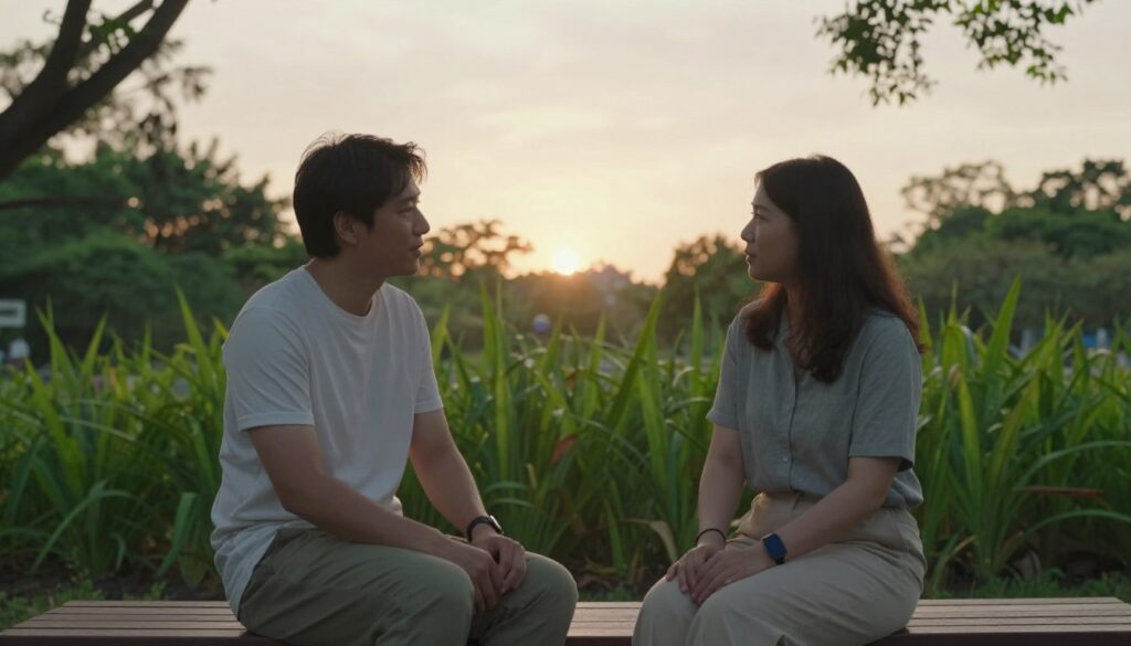 A serene outdoor scene depicting two individuals sitting on a park bench, engaging in a calm and thoughtful conversation. The foreground features the couple, a man and a woman, dressed in modest casual clothing, fully engaged with each other, exuding patience and understanding. In the middle ground, vibrant greenery surrounds them, symbolizing growth and stability in their relationship. The background shows a softly lit sunset casting a warm glow, enhancing the tranquil atmosphere. Use a wide-angle lens to capture the intimate moment while emphasizing the peaceful environment. The overall mood is reflective and nurturing, illustrating the concept of patience as a cornerstone in a lasting relationship. A serene outdoor scene depicting two individuals sitting on a park bench, engaging in a calm and thoughtful conversation. The foreground features the couple, a man and a woman, dressed in modest casual clothing, fully engaged with each other, exuding patience and understanding. In the middle ground, vibrant greenery surrounds them, symbolizing growth and stability in their relationship. The background shows a softly lit sunset casting a warm glow, enhancing the tranquil atmosphere. Use a wide-angle lens to capture the intimate moment while emphasizing the peaceful environment. The overall mood is reflective and nurturing, illustrating the concept of patience as a cornerstone in a lasting relationship.