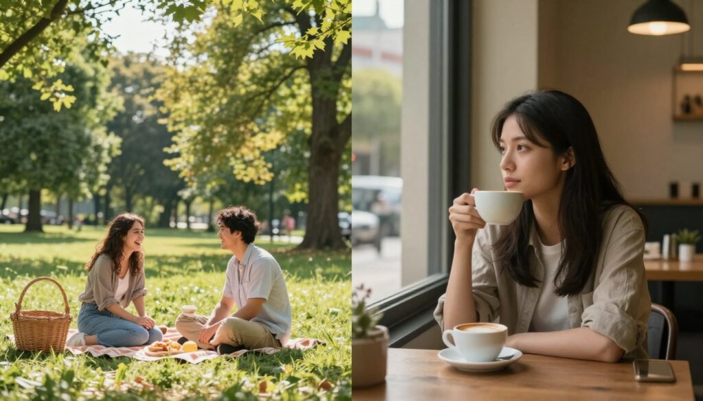 A serene outdoor setting depicting a split scene representing life without marriage. On the left, a couple laughing and enjoying a picnic in a lush park, embodying joy and freedom. They're dressed in modest casual attire, with a bright sunny sky above. On the right, a contrasting scene shows a solitary individual reflecting in a cozy café, with a pensive expression, sipping coffee while looking out the window, presenting introspection and solitude. The background features soft green trees and urban elements in the distance, creating a harmonious blend of nature and city life. Gentle sunlight filters through the leaves, adding warmth to the scene. This image should capture the complexities of informal partnerships, balancing joy and reflection in a visually engaging composition. A serene outdoor setting depicting a split scene representing life without marriage. On the left, a couple laughing and enjoying a picnic in a lush park, embodying joy and freedom. They're dressed in modest casual attire, with a bright sunny sky above. On the right, a contrasting scene shows a solitary individual reflecting in a cozy café, with a pensive expression, sipping coffee while looking out the window, presenting introspection and solitude. The background features soft green trees and urban elements in the distance, creating a harmonious blend of nature and city life. Gentle sunlight filters through the leaves, adding warmth to the scene. This image should capture the complexities of informal partnerships, balancing joy and reflection in a visually engaging composition.
