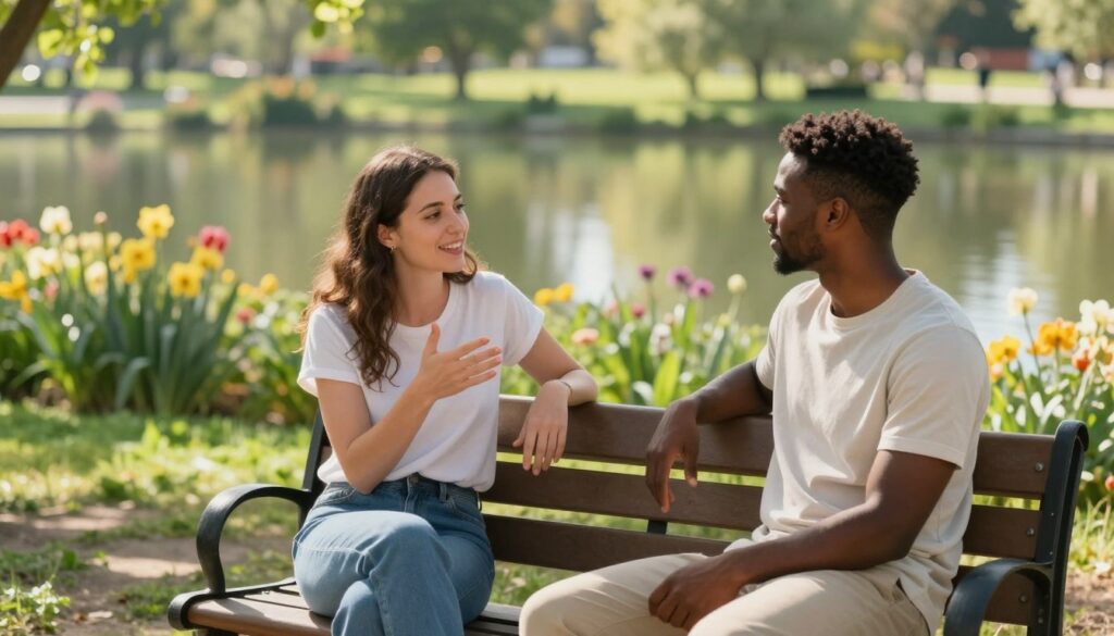 A serene outdoor setting reflecting calm communication, emphasizing healthy relationship dynamics. In the foreground, a diverse couple sits comfortably on a park bench, both dressed in modest casual clothing. The woman, with a warm smile, gestures thoughtfully as she speaks, while the man listens attentively, maintaining open body language. In the middle ground, lush greenery and blooming flowers create a peaceful atmosphere, signifying growth and openness. Soft sunlight filters through the leaves, casting gentle shadows. In the background, a serene lake reflects the vibrant colors of nature. Capture a warm, inviting mood that illustrates the essence of avoiding pressure in communication, using a soft-focus lens to enhance the tranquility of the moment. A serene outdoor setting reflecting calm communication, emphasizing healthy relationship dynamics. In the foreground, a diverse couple sits comfortably on a park bench, both dressed in modest casual clothing. The woman, with a warm smile, gestures thoughtfully as she speaks, while the man listens attentively, maintaining open body language. In the middle ground, lush greenery and blooming flowers create a peaceful atmosphere, signifying growth and openness. Soft sunlight filters through the leaves, casting gentle shadows. In the background, a serene lake reflects the vibrant colors of nature. Capture a warm, inviting mood that illustrates the essence of avoiding pressure in communication, using a soft-focus lens to enhance the tranquility of the moment.
