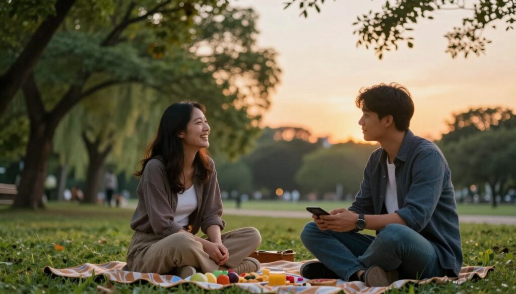 A serene park setting during early evening, where two couples engage in friendly conversation on a cozy blanket. One couple is sharing a light-hearted laugh while the other pair discusses something more thoughtfully. Each person is dressed in smart casual attire, reflecting openness and comfort. In the foreground, colorful picnic items hint at connection and shared experiences. In the middle ground, vibrant green trees sway gently with the evening breeze, illuminated by soft, warm lighting that creates a welcoming atmosphere. In the background, a sunset casts a golden hue across the sky, symbolizing warmth and understanding. The mood is positive and inviting, embodying the concept of open relationships and the various dynamics involved in non-monogamy. A serene park setting during early evening, where two couples engage in friendly conversation on a cozy blanket. One couple is sharing a light-hearted laugh while the other pair discusses something more thoughtfully. Each person is dressed in smart casual attire, reflecting openness and comfort. In the foreground, colorful picnic items hint at connection and shared experiences. In the middle ground, vibrant green trees sway gently with the evening breeze, illuminated by soft, warm lighting that creates a welcoming atmosphere. In the background, a sunset casts a golden hue across the sky, symbolizing warmth and understanding. The mood is positive and inviting, embodying the concept of open relationships and the various dynamics involved in non-monogamy.