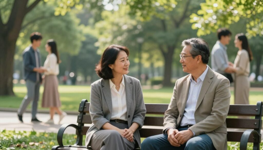 A serene park setting showcasing two friends sitting on a bench, symbolizing the evolution of a long-term relationship. In the foreground, a middle-aged man and woman, dressed in casual yet professional clothing, share a candid conversation, their expressions warm and engaged, demonstrating deep connection and understanding. The background features lush greenery and soft sunlight filtering through the trees, enhancing the sense of tranquility. Around them, a few distant couples stroll by, hinting at the stages of relationships. A shallow depth of field focuses on the friends, while gentle bokeh effects create a dreamy atmosphere, suggesting a peaceful moment in their journey of friendship. The overall mood is reflective, capturing the richness of shared experiences in enduring relationships. A serene park setting showcasing two friends sitting on a bench, symbolizing the evolution of a long-term relationship. In the foreground, a middle-aged man and woman, dressed in casual yet professional clothing, share a candid conversation, their expressions warm and engaged, demonstrating deep connection and understanding. The background features lush greenery and soft sunlight filtering through the trees, enhancing the sense of tranquility. Around them, a few distant couples stroll by, hinting at the stages of relationships. A shallow depth of field focuses on the friends, while gentle bokeh effects create a dreamy atmosphere, suggesting a peaceful moment in their journey of friendship. The overall mood is reflective, capturing the richness of shared experiences in enduring relationships.