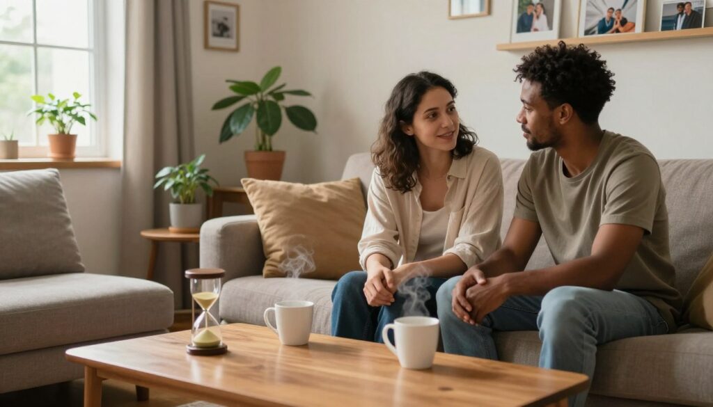 A serene scene capturing the essence of time and patience in a relationship. In the foreground, a diverse couple sits together on a cozy sofa, dressed in modest casual clothing—engaging in a heartfelt conversation, their expressions reflecting warmth and understanding. In the middle, a coffee table is adorned with a sand timer and two steaming mugs, symbolizing the passing of time and shared moments. The background features a softly lit room with warm tones, decorated with plants and photographs of cherished memories, illustrating the journey of building closeness. Natural light filters through a nearby window, creating a gentle, inviting atmosphere, while a wide-angle lens captures the intimate yet spacious feel of the setting.