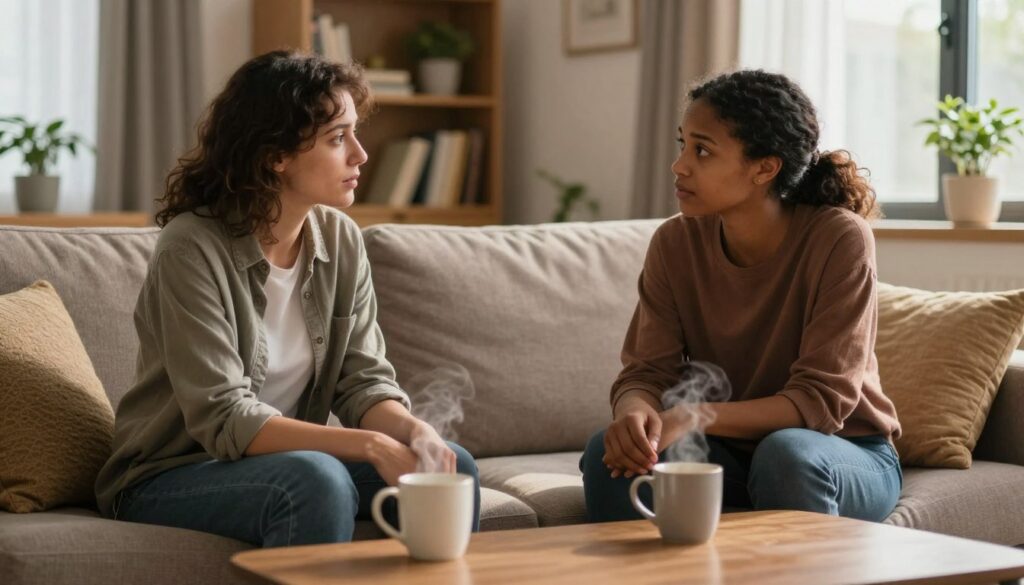 A serene scene depicting a diverse couple in a warm, inviting living room, engaging in a deep conversation, symbolizing shared responsibility in a relationship. The foreground shows the couple seated comfortably on a couch, expressing emotions of understanding and support, with gentle body language. In the middle, a soft coffee table with two steaming mugs reflects their connection. The background features a cozy bookshelf, plants, and warm lighting from a nearby window, suggesting a nurturing environment. Soft shadows enhance the intimate mood, while a slight vignette focuses on the couple’s expressions, highlighting their commitment to rebuilding trust. The overall atmosphere conveys hope, unity, and emotional resilience, fostering a sense of accountability and partnership. A serene scene depicting a diverse couple in a warm, inviting living room, engaging in a deep conversation, symbolizing shared responsibility in a relationship. The foreground shows the couple seated comfortably on a couch, expressing emotions of understanding and support, with gentle body language. In the middle, a soft coffee table with two steaming mugs reflects their connection. The background features a cozy bookshelf, plants, and warm lighting from a nearby window, suggesting a nurturing environment. Soft shadows enhance the intimate mood, while a slight vignette focuses on the couple’s expressions, highlighting their commitment to rebuilding trust. The overall atmosphere conveys hope, unity, and emotional resilience, fostering a sense of accountability and partnership.