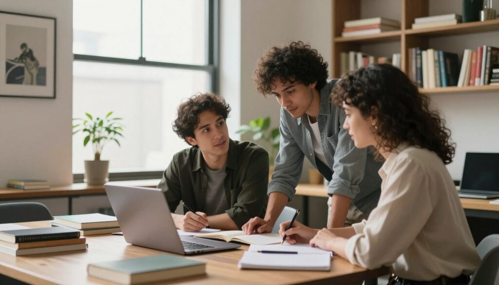A serene scene depicting a diverse group of three individuals engaged in a collaborative discussion in a cozy yet modern office environment. In the foreground, a man and a woman in smart casual attire, leaning over a table filled with books, notebooks, and a laptop, suggest they are sharing ideas about personal passions and mutual growth. The middle ground reveals a large window with soft natural light streaming in, highlighting a small plant and art pieces on the walls that symbolize creativity. In the background, a subtle bookshelf brimming with diverse literature adds depth to the space. The overall mood is warm and inviting, encouraging connection and collaboration, with a focus on interpersonal relationships and shared aspirations. A serene scene depicting a diverse group of three individuals engaged in a collaborative discussion in a cozy yet modern office environment. In the foreground, a man and a woman in smart casual attire, leaning over a table filled with books, notebooks, and a laptop, suggest they are sharing ideas about personal passions and mutual growth. The middle ground reveals a large window with soft natural light streaming in, highlighting a small plant and art pieces on the walls that symbolize creativity. In the background, a subtle bookshelf brimming with diverse literature adds depth to the space. The overall mood is warm and inviting, encouraging connection and collaboration, with a focus on interpersonal relationships and shared aspirations.