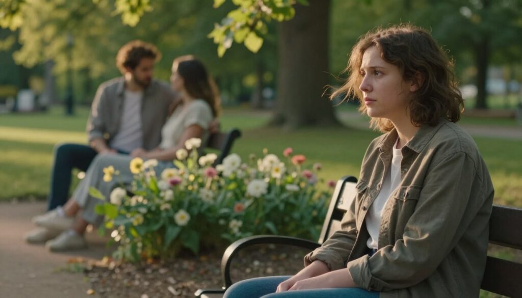 A serene scene depicting a person sitting alone on a park bench, gazing contemplatively at the ground. In the foreground, focus on their expressive face, showing a mixture of vulnerability and reflection, wearing casual but respectable clothing. The middle ground features lush greenery and soft flowers, symbolizing growth and healing, while a gentle breeze rustles the leaves. In the background, a blurred image of couples interacting, showcasing love and connection, contrasting with the person’s solitude. The lighting is warm and soft, suggesting a late afternoon golden hour, creating an atmosphere of introspection and emotional depth. The overall mood is reflective, inviting the viewer to consider the impact of relationships on self-worth and mental health.