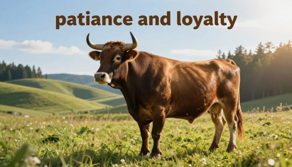 A serene scene depicting "patience and loyalty" symbolized by a majestic, steadfast bull standing calmly on a lush green meadow. In the foreground, the bull gazes into the distance with a sense of calm determination, its strong body reflecting an aura of stability. In the middle ground, gentle rolling hills rise beneath a clear blue sky, bathed in warm golden sunlight, enhancing the feeling of safety and warmth. In the background, a tranquil forest provides a serene backdrop, symbolizing a safe haven. Soft, diffused lighting creates an inviting atmosphere, with a slight lens flare from the sun peeking through the trees. The overall mood conveys deep love, unwavering commitment, and patience, highlighting the foundational pillars of a strong relationship.