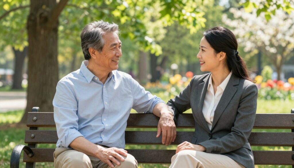 A serene scene depicting the advantages of a relationship with an older partner, showcasing a mature couple engaged in a meaningful conversation in a cozy park setting. In the foreground, a middle-aged man in smart casual attire sits on a park bench with a warm smile, attentively listening to a younger woman dressed in professional business attire. In the middle ground, soft green trees and blooming flowers create a tranquil atmosphere, while the background features a gentle sunlight filtering through the leaves, casting dappled shadows. The composition captures a sense of warmth, trust, and emotional connection, with a focus on the couple’s genuine smiles, reflecting the benefits of mutual understanding and wisdom in their relationship. The lighting is soft and inviting, evoking a peaceful and affectionate mood. A serene scene depicting the advantages of a relationship with an older partner, showcasing a mature couple engaged in a meaningful conversation in a cozy park setting. In the foreground, a middle-aged man in smart casual attire sits on a park bench with a warm smile, attentively listening to a younger woman dressed in professional business attire. In the middle ground, soft green trees and blooming flowers create a tranquil atmosphere, while the background features a gentle sunlight filtering through the leaves, casting dappled shadows. The composition captures a sense of warmth, trust, and emotional connection, with a focus on the couple’s genuine smiles, reflecting the benefits of mutual understanding and wisdom in their relationship. The lighting is soft and inviting, evoking a peaceful and affectionate mood.