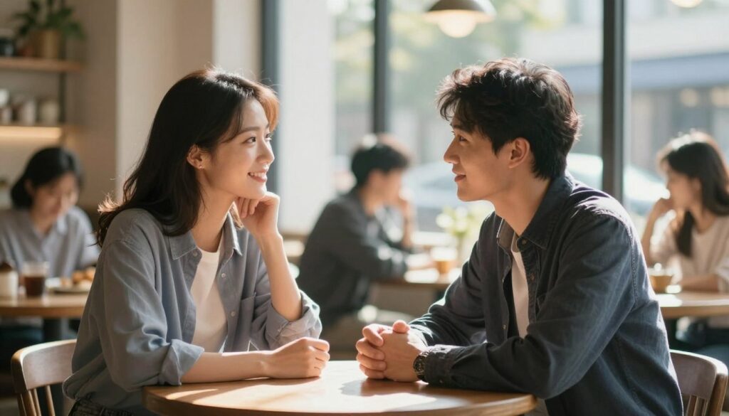 A serene scene illustrating the concept of rebuilding closeness in a relationship. In the foreground, a couple is sitting at a cozy café table, engaged in a deep conversation. They are dressed in smart casual attire, with expressions of warmth and understanding. In the middle ground, soft sunlight streams through a large window, casting gentle, dappled light on their faces, highlighting their emotional connection. In the background, there are blurred figures of other patrons, creating a lively but unobtrusive ambiance. The overall mood is hopeful and intimate, suggesting a journey toward reconnection and understanding, with a harmonious color palette that evokes comfort and trust. The composition utilizes a shallow depth of field to focus on the couple, emphasizing their bond against the bustling café environment. A serene scene illustrating the concept of rebuilding closeness in a relationship. In the foreground, a couple is sitting at a cozy café table, engaged in a deep conversation. They are dressed in smart casual attire, with expressions of warmth and understanding. In the middle ground, soft sunlight streams through a large window, casting gentle, dappled light on their faces, highlighting their emotional connection. In the background, there are blurred figures of other patrons, creating a lively but unobtrusive ambiance. The overall mood is hopeful and intimate, suggesting a journey toward reconnection and understanding, with a harmonious color palette that evokes comfort and trust. The composition utilizes a shallow depth of field to focus on the couple, emphasizing their bond against the bustling café environment.