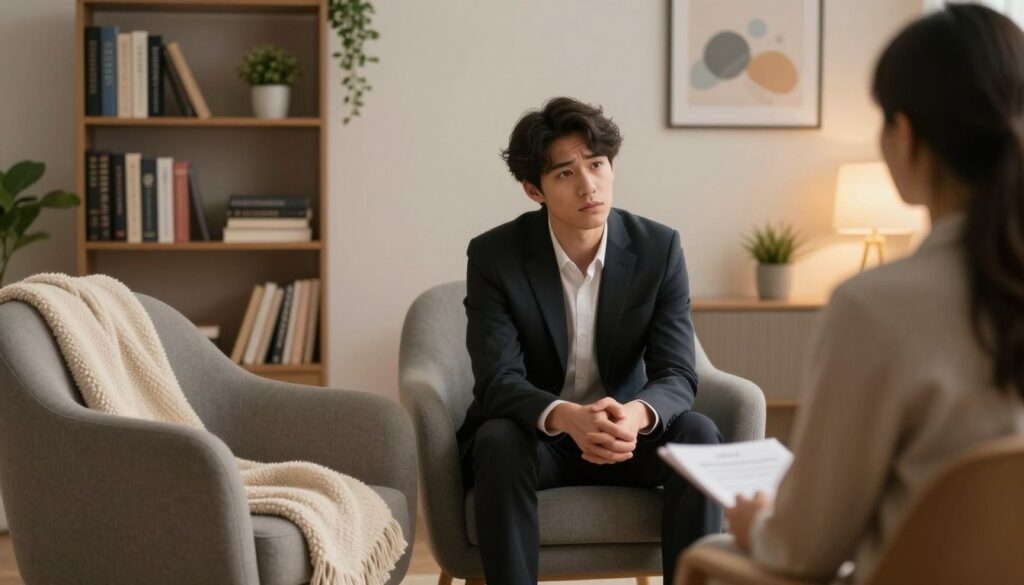 A serene therapist's office, softly lit with warm, inviting light, setting a calming atmosphere. In the foreground, a comfortable, modern armchair with a plush throw blanket, suggesting vulnerability and warmth. In the middle, a patient, a young adult dressed in professional business attire, sits thoughtfully with a pensive expression, gazing towards the therapist's empty chair, embodying feelings of anxiety and fear of intimacy. The background features a bookshelf filled with psychology books, a small potted plant, and calming artwork on the walls, conveying a sense of support and healing. The overall mood is introspective and contemplative, inviting the viewer to explore the emotional landscape of fear before closeness in relationships. Capture this scene with a soft focus, emphasizing the tender atmosphere of psychotherapy. A serene therapist's office, softly lit with warm, inviting light, setting a calming atmosphere. In the foreground, a comfortable, modern armchair with a plush throw blanket, suggesting vulnerability and warmth. In the middle, a patient, a young adult dressed in professional business attire, sits thoughtfully with a pensive expression, gazing towards the therapist's empty chair, embodying feelings of anxiety and fear of intimacy. The background features a bookshelf filled with psychology books, a small potted plant, and calming artwork on the walls, conveying a sense of support and healing. The overall mood is introspective and contemplative, inviting the viewer to explore the emotional landscape of fear before closeness in relationships. Capture this scene with a soft focus, emphasizing the tender atmosphere of psychotherapy.