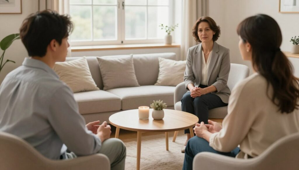 A serene therapy room featuring a professional couple therapy session. In the foreground, two individuals, a man and a woman, seated on comfortable couches, engage in an open and sincere conversation. They are dressed in smart casual clothing, conveying a sense of professionalism and comfort. The therapist, a middle-aged woman in a relaxed yet professional outfit, sits nearby, attentively observing. In the middle ground, soft cushions and a small coffee table with calming decor establish a welcoming atmosphere. The background features a large window with natural light streaming in, creating a warm and inviting ambiance. The overall mood is one of reflection and healing, capturing the essence of couples exploring their emotions in a supportive environment. Use soft, warm lighting to enhance the intimate atmosphere. A serene therapy room featuring a professional couple therapy session. In the foreground, two individuals, a man and a woman, seated on comfortable couches, engage in an open and sincere conversation. They are dressed in smart casual clothing, conveying a sense of professionalism and comfort. The therapist, a middle-aged woman in a relaxed yet professional outfit, sits nearby, attentively observing. In the middle ground, soft cushions and a small coffee table with calming decor establish a welcoming atmosphere. The background features a large window with natural light streaming in, creating a warm and inviting ambiance. The overall mood is one of reflection and healing, capturing the essence of couples exploring their emotions in a supportive environment. Use soft, warm lighting to enhance the intimate atmosphere.