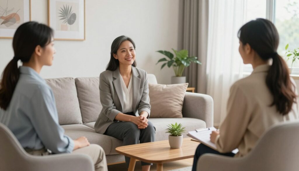 A serene therapy room setting focused on couple therapy. In the foreground, a diverse couple, a man and woman both dressed in professional business attire, are sitting across from a compassionate therapist, who is engaged and listening attentively. The therapist is in their 40s, with a warm smile, indicative of a supportive environment. In the middle, a comfortable couch with soft cushions and a coffee table adorned with a plant creates an inviting atmosphere. In the background, calming artwork and soft, natural light filtering through large windows add to the peaceful ambiance. The image conveys a sense of hope, understanding, and emotional connection, representing the role of professional support in healing relationships. A serene therapy room setting focused on couple therapy. In the foreground, a diverse couple, a man and woman both dressed in professional business attire, are sitting across from a compassionate therapist, who is engaged and listening attentively. The therapist is in their 40s, with a warm smile, indicative of a supportive environment. In the middle, a comfortable couch with soft cushions and a coffee table adorned with a plant creates an inviting atmosphere. In the background, calming artwork and soft, natural light filtering through large windows add to the peaceful ambiance. The image conveys a sense of hope, understanding, and emotional connection, representing the role of professional support in healing relationships.