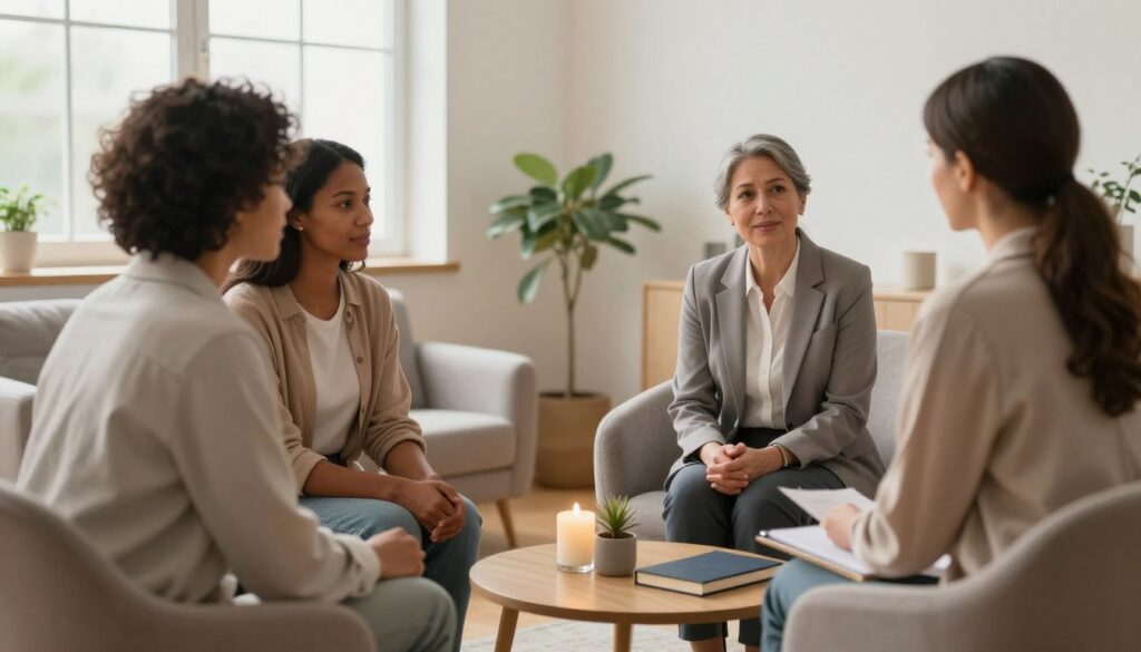 A serene therapy session in a cozy office setting, featuring two individuals engaged in deep conversation with a professional therapist. The foreground shows a diverse couple, dressed in smart-casual attire, leaning towards each other as they listen intently to the therapist, who is a middle-aged individual in a professional outfit, sitting with a compassionate expression. In the middle ground, well-arranged furniture adds warmth, with plush chairs and a coffee table adorned with calming objects like candles and books. The background features soft, warm lighting through a large window, creating an inviting atmosphere, with plants and neutral-colored walls enhancing the sense of tranquility and support. The scene conveys a mood of hope and connection, emphasizing the pivotal role of professional guidance in relationship repair. A serene therapy session in a cozy office setting, featuring two individuals engaged in deep conversation with a professional therapist. The foreground shows a diverse couple, dressed in smart-casual attire, leaning towards each other as they listen intently to the therapist, who is a middle-aged individual in a professional outfit, sitting with a compassionate expression. In the middle ground, well-arranged furniture adds warmth, with plush chairs and a coffee table adorned with calming objects like candles and books. The background features soft, warm lighting through a large window, creating an inviting atmosphere, with plants and neutral-colored walls enhancing the sense of tranquility and support. The scene conveys a mood of hope and connection, emphasizing the pivotal role of professional guidance in relationship repair.