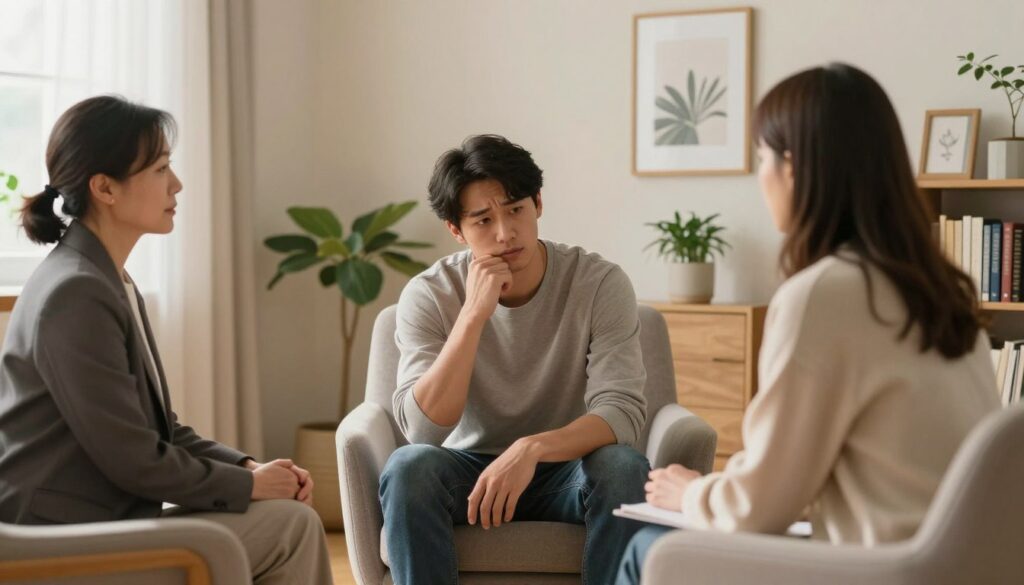A serene therapy session set in a cozy, well-lit room, featuring two individuals engaged in a heartfelt conversation. In the foreground, a middle-aged woman, dressed in professional business attire, sits on a comfortable armchair, her expression thoughtful and empathetic. In the center, a young adult male, wearing modest casual clothing, shares his feelings, looking vulnerable yet hopeful. Surrounding them are warm-toned walls adorned with inspiring artwork and plants, creating a calming environment. Soft, natural light filters in through a window, enhancing the sense of tranquility. In the background, a bookshelf filled with self-help books emphasizes the importance of therapy. The overall mood is supportive and healing, capturing the essence of professional therapy for those affected by co-dependency.