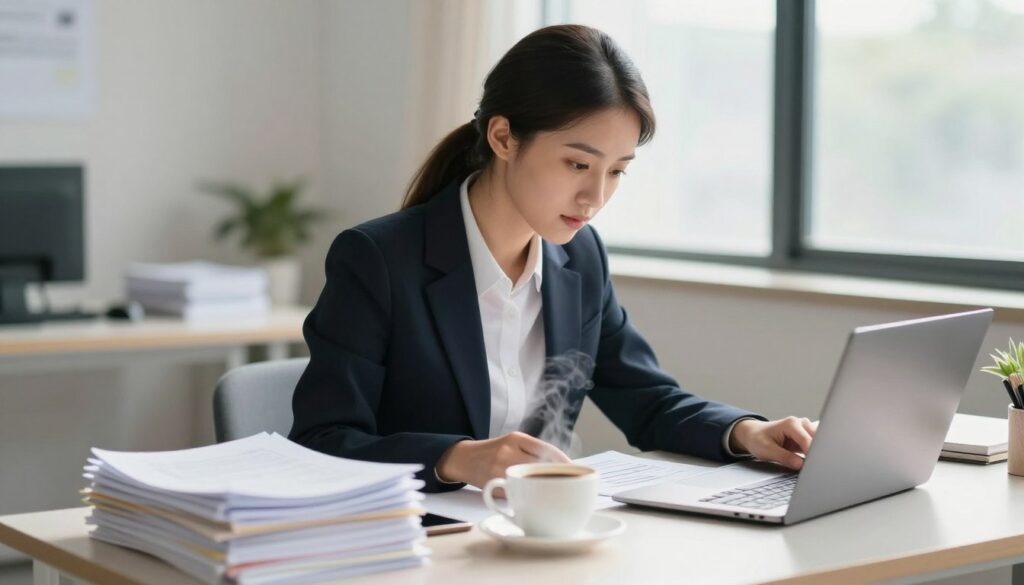 A serene, thoughtfully arranged workspace featuring a young woman meticulously organizing her desk. She is dressed in professional business attire, showcasing her perfectionist nature. In the foreground, a sleek desk with neatly stacked papers, a laptop open to a perfectly formatted document, and a cup of coffee, steam rising gently. In the middle, the woman, focused and contemplative, is reviewing her work with a subtle expression of determination. In the background, a bright, natural light filters through a large window, casting soft shadows and creating an inviting atmosphere. The overall mood is one of quiet intensity, reflecting the challenges of navigating daily life with a perfectionist partner.