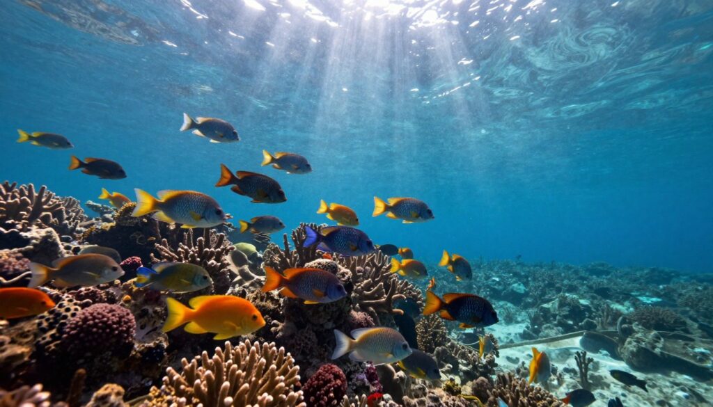 A serene underwater scene showcasing a vibrant school of fish, representing "ryby." In the foreground, a variety of colorful, tropical fish swim gracefully, their scales glistening under soft sunlight filtering through the water's surface. In the middle ground, intricate coral reefs provide a rich habitat, teeming with diverse marine life and textures, symbolizing emotional depth and complexity. The background is a tranquil blue expanse, gradually darkening to indicate depth, evoking a sense of calm and introspection amidst the dynamic movement of the fish. Soft rays of light illuminate the scene, creating a cohesive sense of balance and harmony, embodying the duality of fire and water in relationships. The overall mood is peaceful, conveying a sense of connection and coexistence.