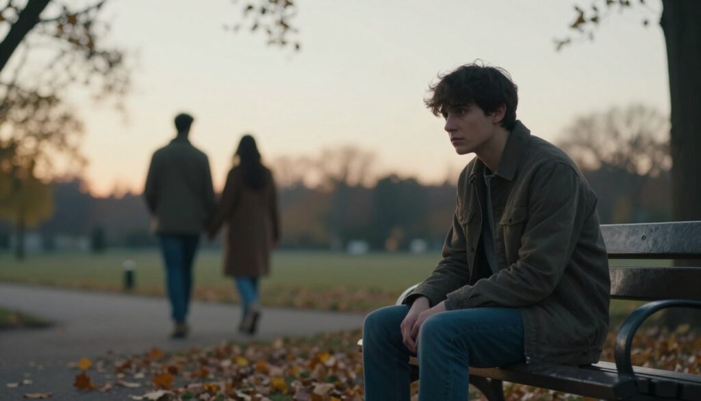 A serene yet evocative scene depicting a solitary figure sitting on a park bench, looking contemplative and distant. The figure, a young adult in modest casual clothing, embodies feelings of anxiety and fear of intimacy. The foreground features soft, autumn leaves scattered around, symbolizing change and vulnerability. In the middle ground, gentle blurred outlines of couples walking hand in hand, reflecting closeness and connection that the figure observes from a distance. The background shows a soft-focus park landscape with fading light as the sun sets, casting warm golden hues that contrast with the figure's cool, introspective solitude. The mood captures a sense of longing, uncertainty, and the tension between desire and fear. Use natural lighting to create a contemplative atmosphere, focusing on the emotional struggle of the subject.