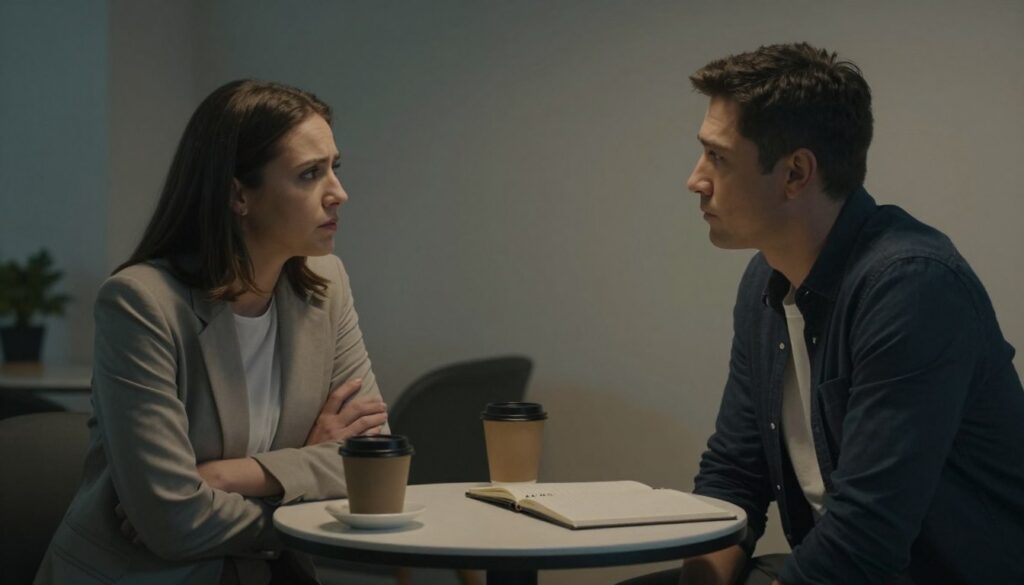 A serene, yet thought-provoking indoor scene depicting two individuals engaged in a tense conversation. In the foreground, a woman in modest, professional attire, with a concerned expression, leans slightly forward, her arms crossed as if to protect herself. Opposite her, a man in a smart casual outfit looks away, embodying the emotional distance of destructive communication patterns. The middle ground features a small, round table cluttered with a coffee cup and an open notebook, symbolizing attempts to communicate but needing clarity. In the background, soft, dim lighting creates a somber atmosphere, hinting at the weight of unspoken words, with shadows playing across the walls. The perspective is slightly angled to highlight the emotional disconnect between the two figures, fostering a sense of unease. A serene, yet thought-provoking indoor scene depicting two individuals engaged in a tense conversation. In the foreground, a woman in modest, professional attire, with a concerned expression, leans slightly forward, her arms crossed as if to protect herself. Opposite her, a man in a smart casual outfit looks away, embodying the emotional distance of destructive communication patterns. The middle ground features a small, round table cluttered with a coffee cup and an open notebook, symbolizing attempts to communicate but needing clarity. In the background, soft, dim lighting creates a somber atmosphere, hinting at the weight of unspoken words, with shadows playing across the walls. The perspective is slightly angled to highlight the emotional disconnect between the two figures, fostering a sense of unease.