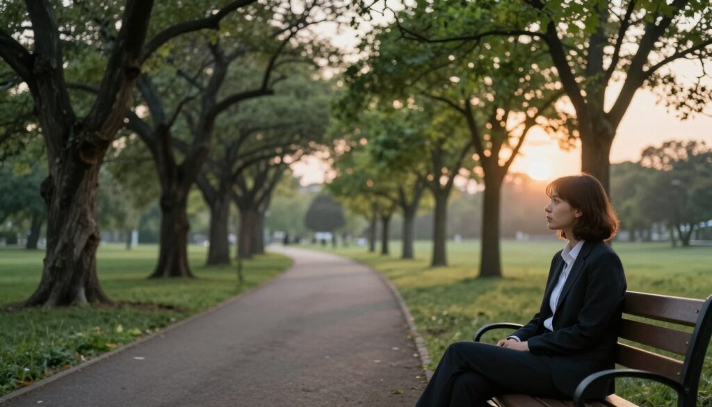 A serene yet thought-provoking scene depicting the impact of toxic relationships on personal growth. In the foreground, a contemplative individual in professional attire sits on a park bench with a distant expression, symbolizing introspection. In the middle ground, a winding path represents life's journey, flanked by dark, twisted trees on one side illustrating toxicity, while healthy, vibrant trees on the other symbolize personal growth. The background features a soft, glowing sunrise, casting warm light that hints at hope and new beginnings. The overall atmosphere is a balance of somber reflection mixed with the potential for healing, evoking a sense of transformation. The image is designed with soft focus on the background and a slightly elevated angle to emphasize the subject's emotional state. A serene yet thought-provoking scene depicting the impact of toxic relationships on personal growth. In the foreground, a contemplative individual in professional attire sits on a park bench with a distant expression, symbolizing introspection. In the middle ground, a winding path represents life's journey, flanked by dark, twisted trees on one side illustrating toxicity, while healthy, vibrant trees on the other symbolize personal growth. The background features a soft, glowing sunrise, casting warm light that hints at hope and new beginnings. The overall atmosphere is a balance of somber reflection mixed with the potential for healing, evoking a sense of transformation. The image is designed with soft focus on the background and a slightly elevated angle to emphasize the subject's emotional state.