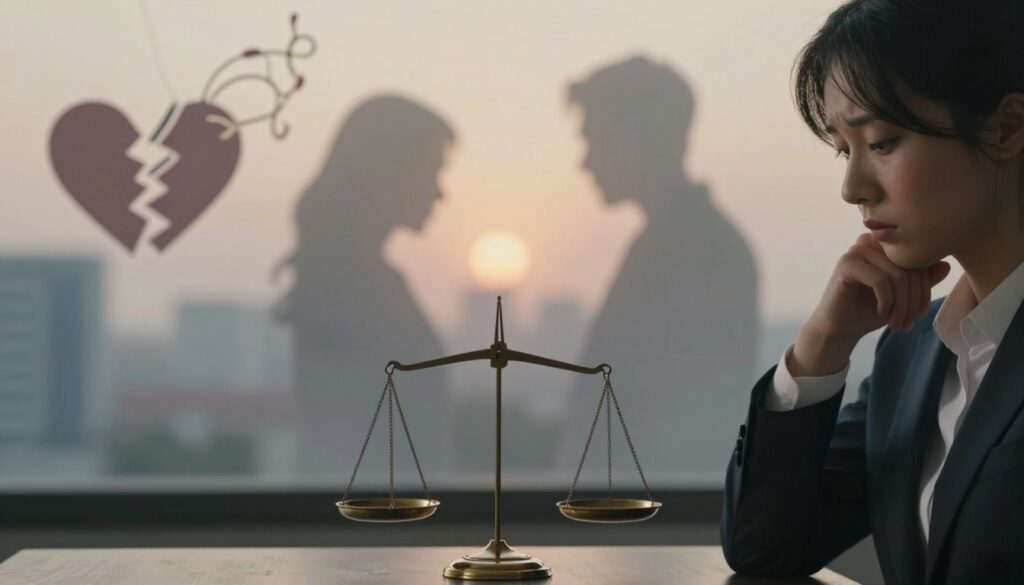 A serene yet thought-provoking scene depicting the psychological roots of infidelity. In the foreground, depict a contemplative person dressed in professional business attire, gazing introspectively at a delicate balance scale symbolizing trust and betrayal. In the middle, show abstract representations of emotions—shattered hearts, intertwined vines, and shadows of doubt, softly illuminated by a warm, diffused light. The background should be a blurred urban landscape, symbolizing complexity and the external pressures of modern relationships. Use a shallow depth of field to enhance the focus on the foreground subject, creating an intimate atmosphere that conveys the tension between hope and despair, with soft, muted colors to evoke a reflective mood.