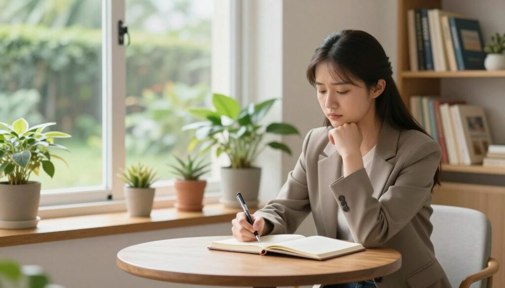 A serene yet vivid depiction of a person overcoming jealousy in a relationship, set in a softly lit room. In the foreground, a young woman in professional attire sits thoughtfully at a small wooden table, holding a journal and pen, reflecting self-improvement. Her expression is calm and contemplative, symbolizing inner strength. In the middle ground, a cozy ambience with houseplants adds warmth, while a window reveals a peaceful garden outside, bathed in gentle natural light. The background showcases a bookshelf filled with self-help books, reinforcing the theme of personal growth. The mood is uplifting and hopeful, highlighting the journey of working through jealousy with trust and self-reflection. The composition emphasizes clarity and focus on the woman's introspection. A serene yet vivid depiction of a person overcoming jealousy in a relationship, set in a softly lit room. In the foreground, a young woman in professional attire sits thoughtfully at a small wooden table, holding a journal and pen, reflecting self-improvement. Her expression is calm and contemplative, symbolizing inner strength. In the middle ground, a cozy ambience with houseplants adds warmth, while a window reveals a peaceful garden outside, bathed in gentle natural light. The background showcases a bookshelf filled with self-help books, reinforcing the theme of personal growth. The mood is uplifting and hopeful, highlighting the journey of working through jealousy with trust and self-reflection. The composition emphasizes clarity and focus on the woman's introspection.