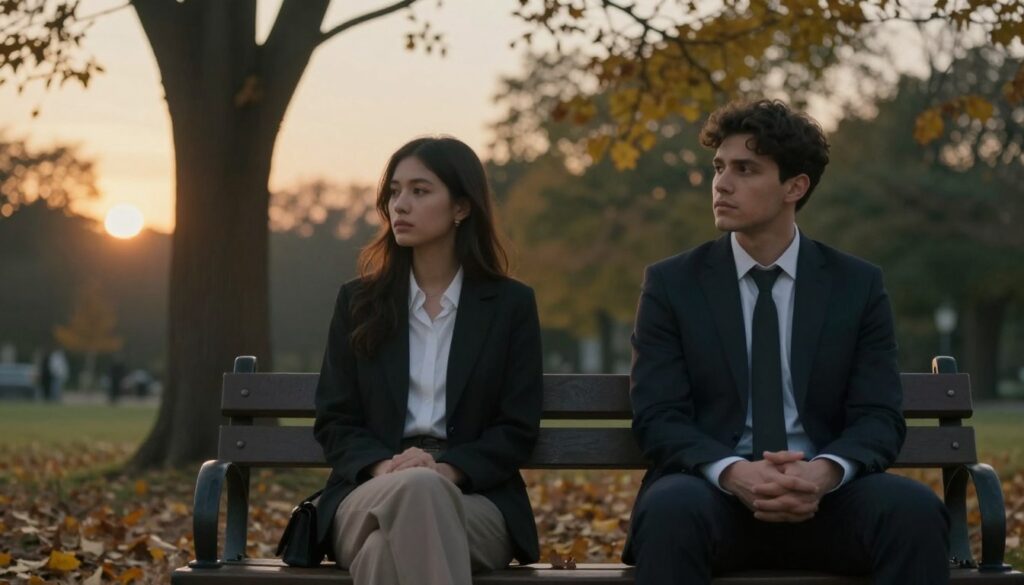 A somber and introspective scene illustrating "relationship loneliness." In the foreground, a couple sits on a park bench, both dressed in professional business attire, appearing distant and emotionally disconnected from each other. The woman's gaze is averted, while the man looks contemplative, his hands clasped. In the middle ground, soft-blurred trees provide a sense of isolation, while scattered autumn leaves symbolize change. The background features a muted sunset, casting warm golden hues that contrast with the couple's cold demeanor. The setting is serene yet melancholic, evoking an atmosphere of quiet reflection and the need for outside help. The overall composition should convey a deep sense of emotional vulnerability, highlighting the complexities of feeling alone despite physical proximity. A somber and introspective scene illustrating "relationship loneliness." In the foreground, a couple sits on a park bench, both dressed in professional business attire, appearing distant and emotionally disconnected from each other. The woman's gaze is averted, while the man looks contemplative, his hands clasped. In the middle ground, soft-blurred trees provide a sense of isolation, while scattered autumn leaves symbolize change. The background features a muted sunset, casting warm golden hues that contrast with the couple's cold demeanor. The setting is serene yet melancholic, evoking an atmosphere of quiet reflection and the need for outside help. The overall composition should convey a deep sense of emotional vulnerability, highlighting the complexities of feeling alone despite physical proximity.