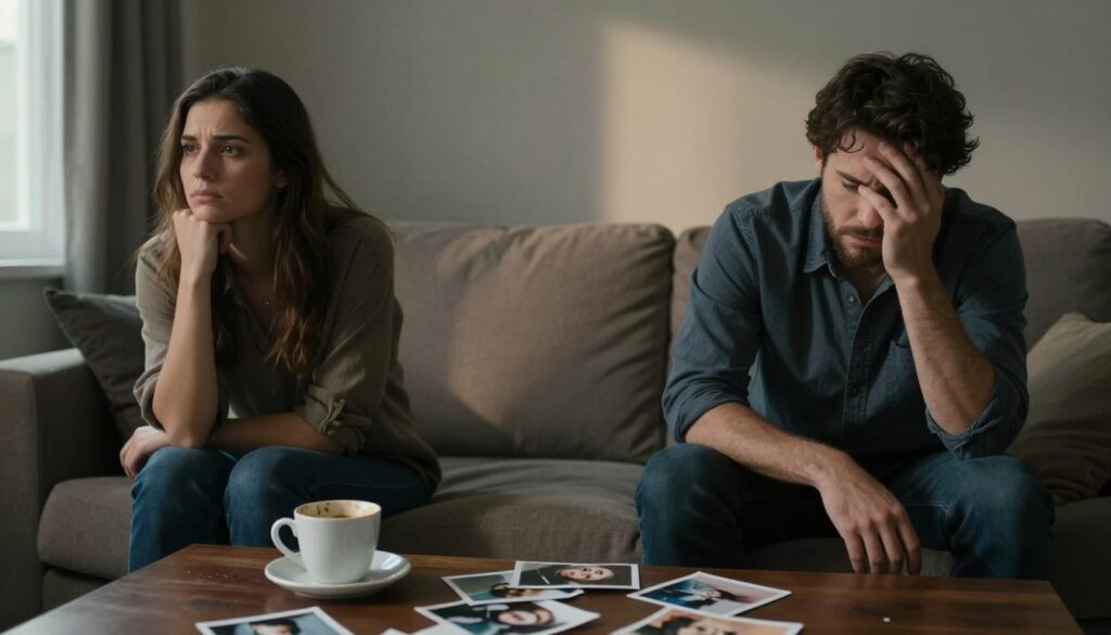 A somber, intimate scene depicting a couple sitting apart on a couch in a softly lit living room, conveying the tension of a relationship crisis. In the foreground, focus on their body language, with the woman looking contemplative and the man showing signs of frustration, both dressed in casual yet neat clothing. The middle ground features a coffee table cluttered with an untouched coffee cup and a few scattered photographs, symbolizing lost connection. In the background, a dimly lit window allows some soft, natural light to filter in, casting gentle shadows on the walls, adding to the mood of uncertainty and reflection. The overall atmosphere should evoke feelings of sadness and introspection, illustrating the signs of a relationship in turmoil.