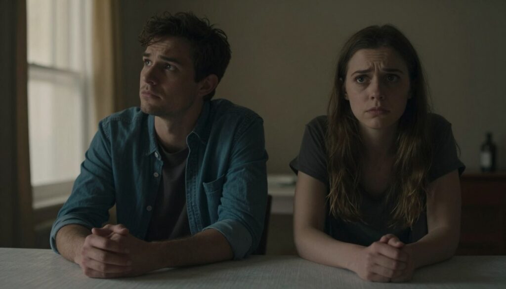 A somber, introspective scene depicting a couple sitting at a dining table, both appearing distant and lost in thought, symbolizing emotional blockage. The foreground shows their hands resting on the table, slightly apart, conveying a sense of separation and unspoken feelings. In the middle, the couple’s expressions reflect a mixture of confusion and unease, as they look away from each other, creating an atmosphere of tension. The background features a softly lit room with muted colors, perhaps a dimly lit window allowing gentle, warm light to filter in, enhancing the melancholic mood. The use of a shallow depth of field emphasizes the couple while slightly blurring the background, creating an intimate yet isolating environment. The image should evoke feelings of longing and the complexities of emotions in relationships.