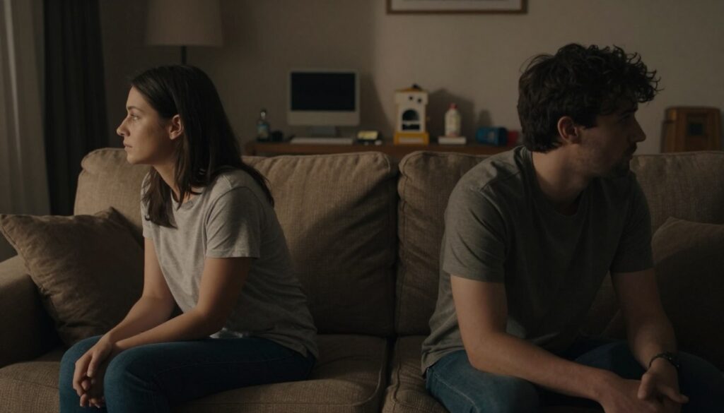 A somber, introspective scene depicting a couple sitting on a couch in a dimly lit living room, feeling distant from each other despite their physical closeness. The foreground features two figures, a man and a woman, both dressed in modest casual clothing, facing away from each other with a look of contemplation on their faces. In the middle ground, soft shadows subtly play across the room, highlighting their body language of separation. The background includes a cozy, yet slightly cluttered space, suggesting a once vibrant relationship, with muted colors to convey a sense of melancholy. The lighting is warm but dim, creating a reflective atmosphere and emphasizing the emotional weight of solitude within a relationship. The angle is slightly above eye level, capturing the scene’s emotional depth and intimacy without direct confrontation. A somber, introspective scene depicting a couple sitting on a couch in a dimly lit living room, feeling distant from each other despite their physical closeness. The foreground features two figures, a man and a woman, both dressed in modest casual clothing, facing away from each other with a look of contemplation on their faces. In the middle ground, soft shadows subtly play across the room, highlighting their body language of separation. The background includes a cozy, yet slightly cluttered space, suggesting a once vibrant relationship, with muted colors to convey a sense of melancholy. The lighting is warm but dim, creating a reflective atmosphere and emphasizing the emotional weight of solitude within a relationship. The angle is slightly above eye level, capturing the scene’s emotional depth and intimacy without direct confrontation.