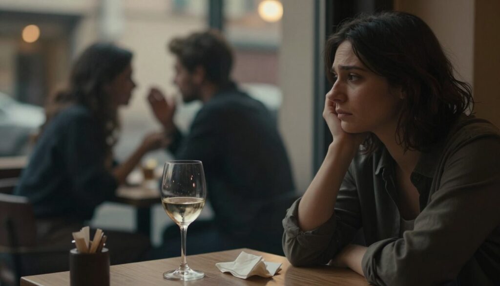 A somber, introspective scene depicting a person sitting alone at a cafe table, gazing out the window with a look of deep contemplation and regret. In the foreground, a half-empty glass of wine sits untouched next to a crumpled napkin, symbolizing the struggle with guilt. In the middle ground, a blurred silhouette of a couple arguing can be faintly seen through the glass, representing the tension in a relationship affected by addiction. The background shows dim lighting, creating a moody atmosphere that emphasizes the weight of emotional turmoil. The setting is intimate yet distant, highlighting feelings of isolation. The composition should convey a sense of longing and vulnerability, utilizing soft focus to enhance the emotional impact. The scene should feature warm, muted colors to evoke sadness and reflection.