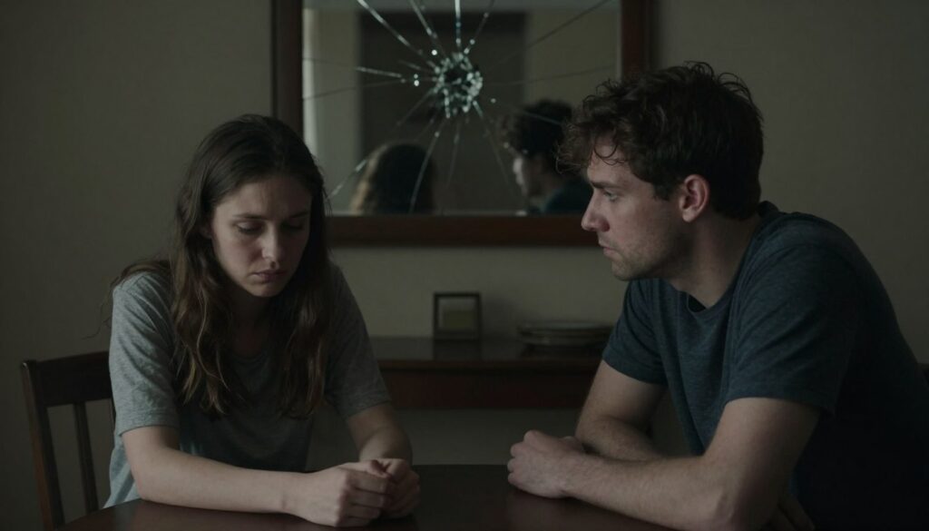 A somber, introspective scene illustrating the concept of psychological abuse in a relationship. In the foreground, a couple sits at a dining table, both dressed in modest casual clothing. One person has a downcast expression, avoiding eye contact, while the other leans forward with a subtle yet intense gaze, conveying pressure and control. The middle ground features a dimly lit room filled with shadowy corners, representing emotional suffocation. In the background, a cracked mirror reflects their silhouettes, symbolizing distorted reality. Soft, muted lighting emphasizes the heavy atmosphere and evokes feelings of tension and sadness. The composition should have a slightly high angle, adding to the sense of vulnerability and entrapment, ensuring the focus remains on the emotional gravity of the scene. A somber, introspective scene illustrating the concept of psychological abuse in a relationship. In the foreground, a couple sits at a dining table, both dressed in modest casual clothing. One person has a downcast expression, avoiding eye contact, while the other leans forward with a subtle yet intense gaze, conveying pressure and control. The middle ground features a dimly lit room filled with shadowy corners, representing emotional suffocation. In the background, a cracked mirror reflects their silhouettes, symbolizing distorted reality. Soft, muted lighting emphasizes the heavy atmosphere and evokes feelings of tension and sadness. The composition should have a slightly high angle, adding to the sense of vulnerability and entrapment, ensuring the focus remains on the emotional gravity of the scene.