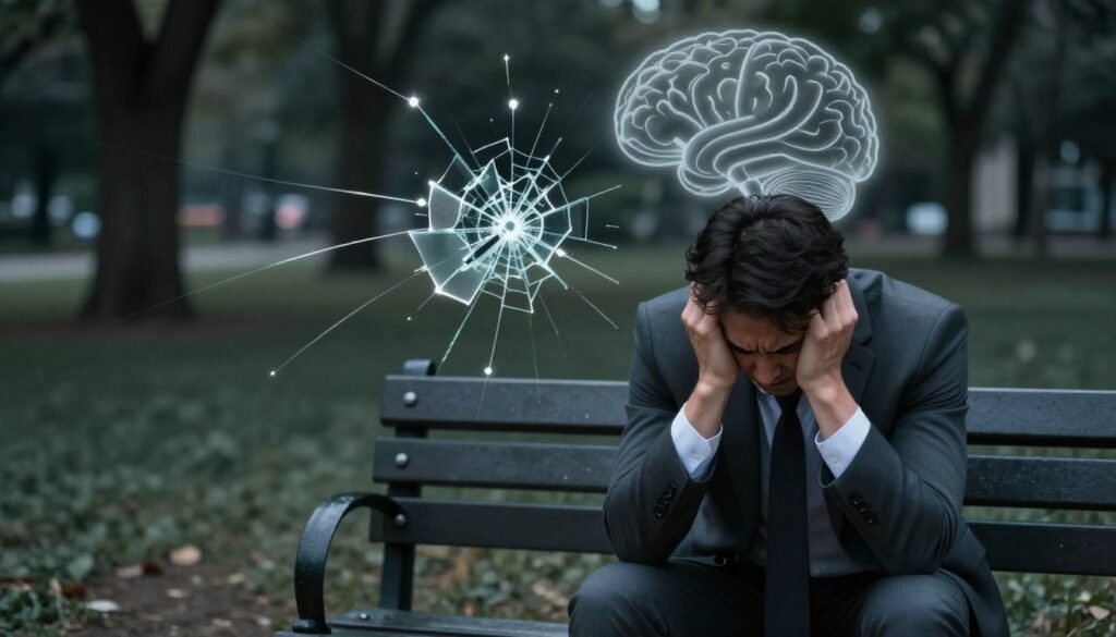 A somber, introspective scene illustrating the effects of a toxic relationship on physical health and the nervous system. In the foreground, a figure in professional business attire, sitting on a park bench, shows visible signs of distress—clenched fists and a furrowed brow. The middle layer features an abstract representation of shattered connections, like broken glass, symbolizing mental and emotional turmoil, alongside a faint outline of a brain under stress. In the background, a dimly lit park with blurred silhouettes of trees, conveying isolation and tension. The lighting is soft, with a cool color palette of blues and grays, creating a melancholic atmosphere. The angle is slightly overhead, emphasizing the subject's struggle while maintaining a sense of depth. A somber, introspective scene illustrating the effects of a toxic relationship on physical health and the nervous system. In the foreground, a figure in professional business attire, sitting on a park bench, shows visible signs of distress—clenched fists and a furrowed brow. The middle layer features an abstract representation of shattered connections, like broken glass, symbolizing mental and emotional turmoil, alongside a faint outline of a brain under stress. In the background, a dimly lit park with blurred silhouettes of trees, conveying isolation and tension. The lighting is soft, with a cool color palette of blues and grays, creating a melancholic atmosphere. The angle is slightly overhead, emphasizing the subject's struggle while maintaining a sense of depth.