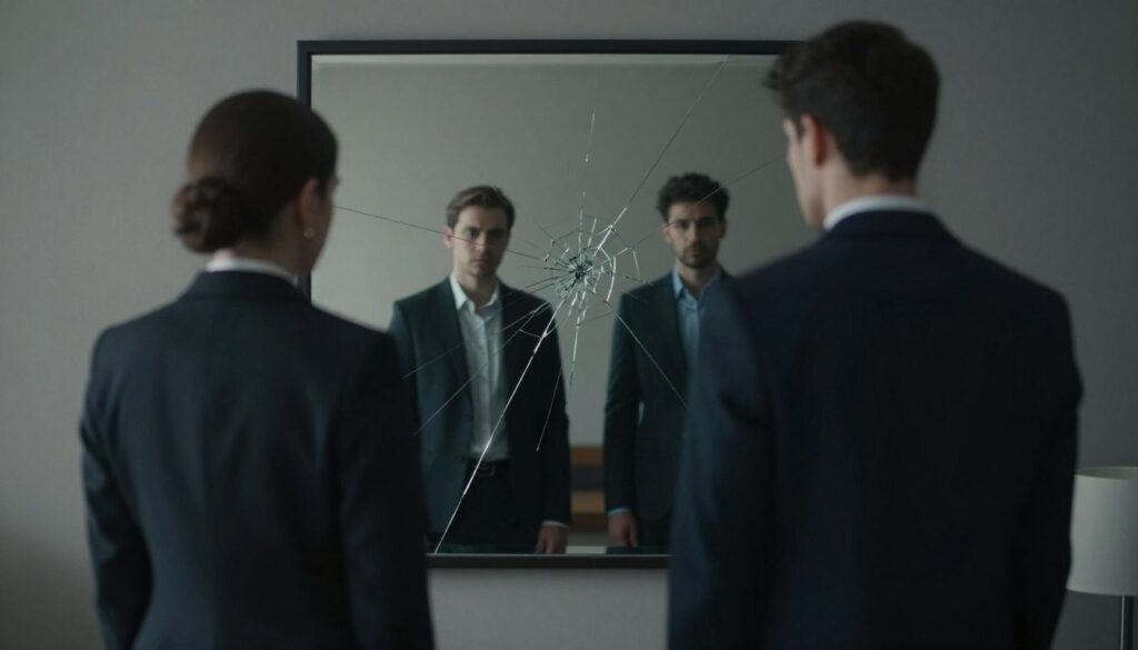 A somber, introspective scene illustrating the theme of relationship struggles. In the foreground, two figures stand facing away from each other, dressed in professional business attire, visibly tense and emotionally distant. Their body language reflects an unspoken conflict, highlighting the emotional weight of toxic patterns. In the middle ground, a fragmented mirror symbolizes the idealization and disillusionment within relationships, with cracks subtly reflecting the two figures. The background features a muted, dimly lit room, casting shadows that evoke a sense of despair and isolation. Soft, diffused lighting creates a melancholic atmosphere, enhancing the mood of confusion and longing. The composition focuses on the emotional turmoil of navigating unhealthy dynamics.