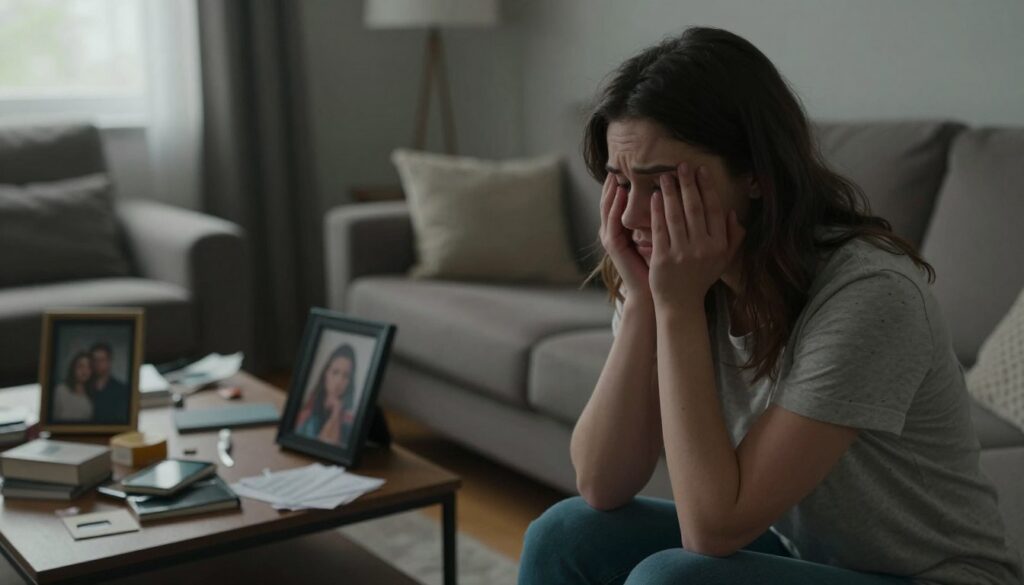 A somber living room scene depicting the struggle of leaving a toxic partner. In the foreground, a young woman dressed in modest casual clothing sits on a couch, her expression a mix of sadness and contemplation as she gazes at her hands, reflecting on her emotions. The middle ground features a cluttered coffee table with personal items symbolizing memories, while a framed picture of her and her partner sits askew, hinting at past happiness. In the background, soft natural light filters through a window, creating a subdued and melancholic atmosphere. The overall color palette is muted, incorporating soft grays and warm browns, evoking feelings of nostalgia and inner conflict. The composition captures the complexity of emotions tied to the difficulty of leaving an unhealthy relationship. A somber living room scene depicting the struggle of leaving a toxic partner. In the foreground, a young woman dressed in modest casual clothing sits on a couch, her expression a mix of sadness and contemplation as she gazes at her hands, reflecting on her emotions. The middle ground features a cluttered coffee table with personal items symbolizing memories, while a framed picture of her and her partner sits askew, hinting at past happiness. In the background, soft natural light filters through a window, creating a subdued and melancholic atmosphere. The overall color palette is muted, incorporating soft grays and warm browns, evoking feelings of nostalgia and inner conflict. The composition captures the complexity of emotions tied to the difficulty of leaving an unhealthy relationship.