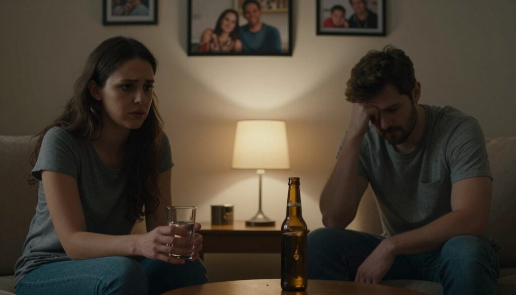 A somber scene depicting a couple in a cozy but tense living room, illustrating the struggle of controlling a partner's drinking habits. In the foreground, a woman sits with a concerned expression, holding a glass of water, dressed in modest casual clothing. Across from her, a man sits with a troubled look, an untouched beer bottle on the table between them. In the middle, a dimly lit lamp casts a warm glow, adding to the tense atmosphere. The background reveals framed photographs of happier moments, now overshadowed by the current situation. The lighting is soft yet dramatic, creating shadows that emphasize the emotional weight of the moment. The overall mood is reflective and poignant, capturing the complexities of trust and distance in their relationship. A somber scene depicting a couple in a cozy but tense living room, illustrating the struggle of controlling a partner's drinking habits. In the foreground, a woman sits with a concerned expression, holding a glass of water, dressed in modest casual clothing. Across from her, a man sits with a troubled look, an untouched beer bottle on the table between them. In the middle, a dimly lit lamp casts a warm glow, adding to the tense atmosphere. The background reveals framed photographs of happier moments, now overshadowed by the current situation. The lighting is soft yet dramatic, creating shadows that emphasize the emotional weight of the moment. The overall mood is reflective and poignant, capturing the complexities of trust and distance in their relationship.