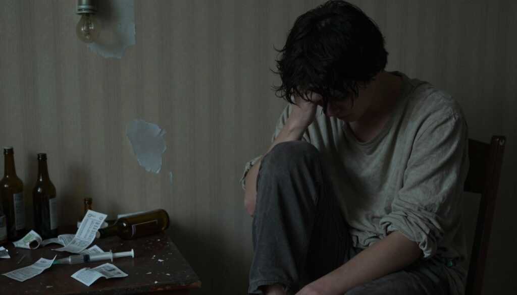 A somber scene depicting a young adult struggling with addiction, seated on a worn-out chair in a dimly lit room. In the foreground, the individual appears disheveled, wearing modest, slightly oversized clothing, conveying a sense of despair and isolation. Their face is partially shadowed, emphasizing feelings of sadness and confusion. In the middle ground, scattered personal items hint at chaos—a half-empty syringe, crumpled receipts, and empty bottles. The background features peeling wallpaper and a flickering lightbulb, adding to the atmosphere of decay. The overall mood is heavy and tense, reflecting the dynamics of survival and the emotional toll of addiction. Soft, muted lighting enhances the somber tone, with a focus on creating a sense of vulnerability and withdrawal.