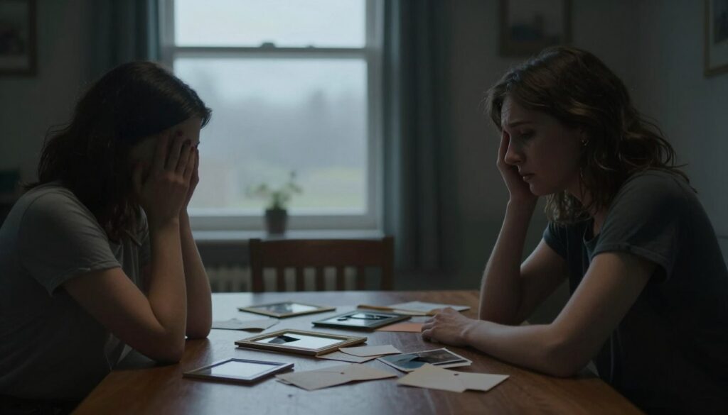 A somber scene depicting the emotional turmoil of a failing relationship. In the foreground, a couple sits at a dining table, visibly distressed, dressed in modest casual attire, with their hands resting on the table, separation palpable in their body language. In the middle ground, a dimly lit room filled with scattered personal items—like broken photo frames and unopened letters—symbolizing loss and unresolved feelings. The background shows a softly blurred window, revealing an overcast sky, enhancing the gloomy atmosphere. The lighting is soft but dramatic, casting shadows that highlight the couple's expressions of sadness and conflict. Capture the essence of emotional challenges and the process of a relationship unraveling, evoking a sense of deep introspection and melancholy. A somber scene depicting the emotional turmoil of a failing relationship. In the foreground, a couple sits at a dining table, visibly distressed, dressed in modest casual attire, with their hands resting on the table, separation palpable in their body language. In the middle ground, a dimly lit room filled with scattered personal items—like broken photo frames and unopened letters—symbolizing loss and unresolved feelings. The background shows a softly blurred window, revealing an overcast sky, enhancing the gloomy atmosphere. The lighting is soft but dramatic, casting shadows that highlight the couple's expressions of sadness and conflict. Capture the essence of emotional challenges and the process of a relationship unraveling, evoking a sense of deep introspection and melancholy.