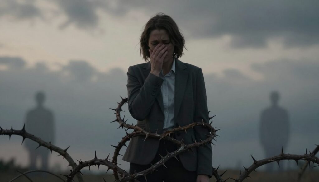 A somber scene depicting the emotional turmoil of a toxic relationship. In the foreground, a person stands alone, dressed in modest, professional clothing, their expression reflecting sadness and introspection. The middle ground features dark, intertwined thorns or vines symbolizing entrapment, coiling around the figure, illustrating the weight of emotional distress. The background portrays a cloudy sky with muted colors, enhancing the oppressive mood, while faint silhouettes of disintegrating relationships can be seen, representing loss and despair. Soft, diffused lighting casts gentle shadows, creating a moody atmosphere that emphasizes feelings of isolation and heartache. The composition captures the essence of post-relationship depression, evoking a sense of struggle yet a glimmer of hope amidst the darkness. A somber scene depicting the emotional turmoil of a toxic relationship. In the foreground, a person stands alone, dressed in modest, professional clothing, their expression reflecting sadness and introspection. The middle ground features dark, intertwined thorns or vines symbolizing entrapment, coiling around the figure, illustrating the weight of emotional distress. The background portrays a cloudy sky with muted colors, enhancing the oppressive mood, while faint silhouettes of disintegrating relationships can be seen, representing loss and despair. Soft, diffused lighting casts gentle shadows, creating a moody atmosphere that emphasizes feelings of isolation and heartache. The composition captures the essence of post-relationship depression, evoking a sense of struggle yet a glimmer of hope amidst the darkness.